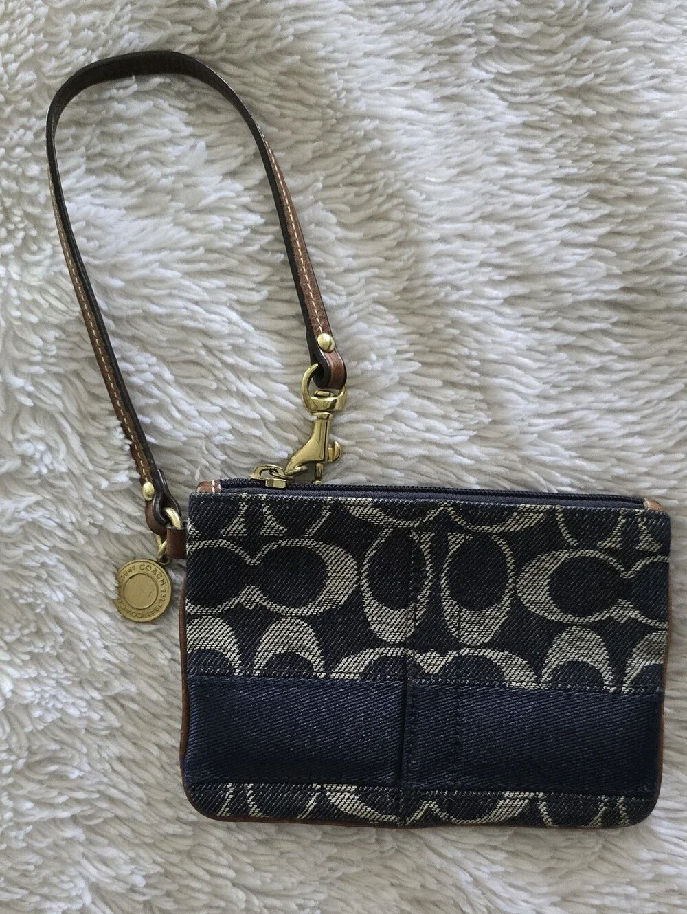 Coach Navy and White Signature Canvas Wristlet